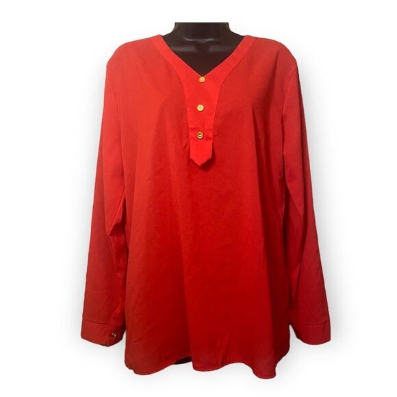RED Button Down Long Sleeve Sheer Blouse - Picture 1 of 7